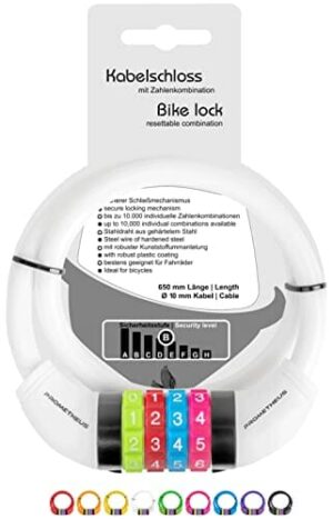 PROMETHEUS zamek rowerowy dla dzieci, zamek kablowy do roweru dziecięcego, kod numeryczny 650 mm w kolorze białym