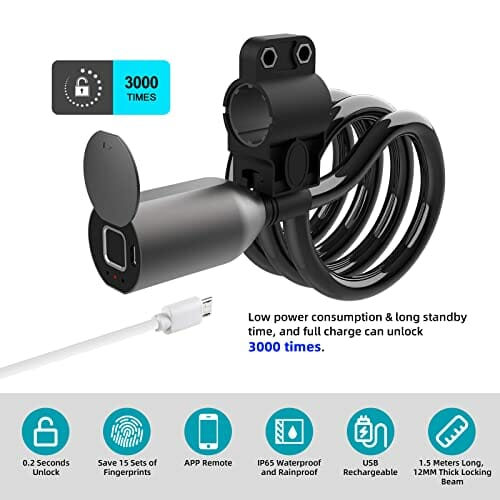 Anweller Zapięcie rowerowe, czytnik linii papilarnych, wodoodporne, przenośne, z uchwytem na zapięcie rowerowe, Smart Lock z 20 odciskami palców, zabezpieczenie przed kradzieżą z drutu stalowego 12 mm (czarne) - obrazek 8