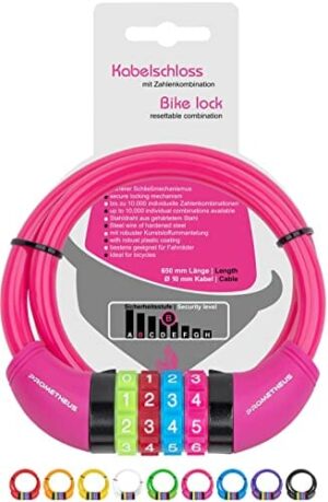 PROMETHEUS zamek rowerowy dla dzieci, zamek kablowy do roweru dziecięcego, kod numeryczny 650 mm, kolor różowy