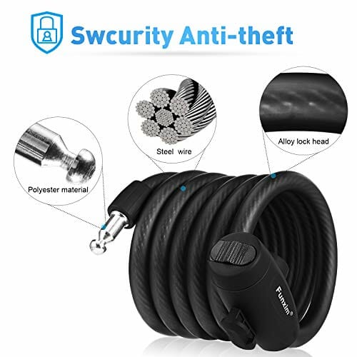 Blokada rowerowa Blokada kablowa 180 cm/12 mm z 2 kluczami i metalową linką Wytrzymała blokada rowerowa, bezpieczna kombinacja z uchwytem montażowym, wysokowydajny kabel do roweru trójkołowego skutera - obrazek 6
