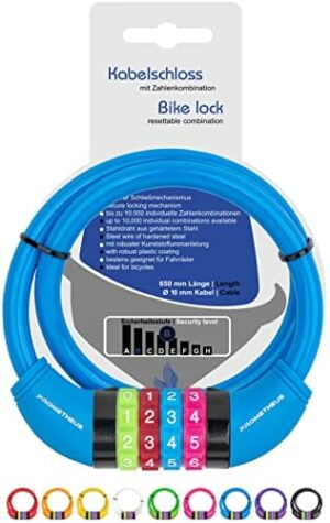 Prometheus zapięcie rowerowe dla dzieci, zapięcie na kabel do roweru dziecięcego, kod numeryczny 650 mm, kolor niebieski