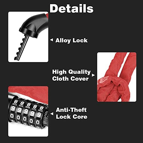 BIFY Zamek rowerowy, 38 mm (szerokość) x 970 mm (długość) 680 g, stalowy łańcuch łańcuchowy, z wysokim stopniem bezpieczeństwa, do rowerów, motocykli, drzwi, bramy (czerwony) - obrazek 7