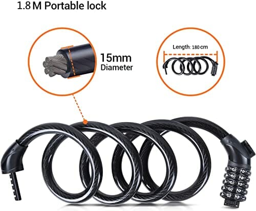 Zamek rowerowy, Sportneer, zamek rowerowy 180 cm/15 mm, zamek łańcuchowy z 5-cyfrowymi kodami, zamek szyfrowy, do roweru rowerowego, motocykla, drzwi, ogrodzenia bramy - obrazek 6