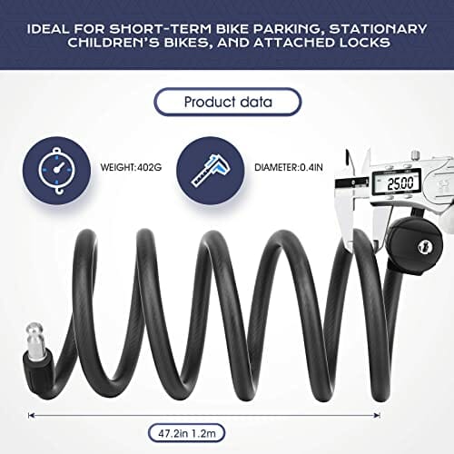 Wonnell Zamek rowerowy, 180 cm/12 mm, spiralny zamek z 2 kluczami, zapięcie rowerowe do dużych obciążeń, bardzo wysoki poziom bezpieczeństwa do roweru, tricycle, skutera, zamka rowerowego - obrazek 4