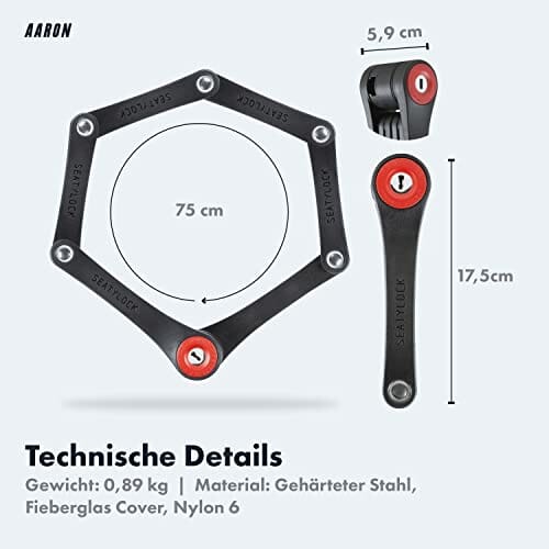 AARON Mini zapięcie rowerowe – bezpieczne składane zapięcie poziom 14, opatentowany zamek wysokiego bezpieczeństwa z uchwytem – lekkie zapięcie rowerowe z kluczem do rowerów elektrycznych, rowerów wyścigowych, motocykli, MTB - obrazek 4