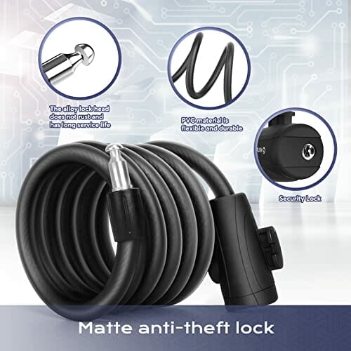 Wonnell Zamek rowerowy, 180 cm/12 mm, spiralny zamek z 2 kluczami, zapięcie rowerowe do dużych obciążeń, bardzo wysoki poziom bezpieczeństwa do roweru, tricycle, skutera, zamka rowerowego - obrazek 7