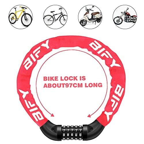 BIFY Zamek rowerowy, 38 mm (szerokość) x 970 mm (długość) 680 g, stalowy łańcuch łańcuchowy, z wysokim stopniem bezpieczeństwa, do rowerów, motocykli, drzwi, bramy (czerwony) - obrazek 8