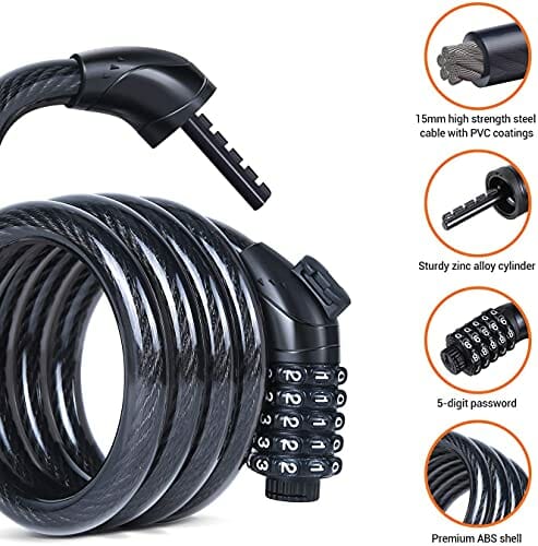 Zamek rowerowy, Sportneer, zamek rowerowy 180 cm/15 mm, zamek łańcuchowy z 5-cyfrowymi kodami, zamek szyfrowy, do roweru rowerowego, motocykla, drzwi, ogrodzenia bramy - obrazek 5