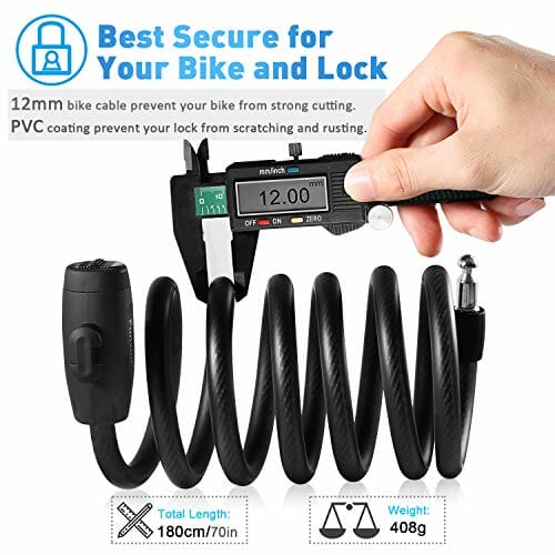 Blokada rowerowa Blokada kablowa 180 cm/12 mm z 2 kluczami i metalową linką Wytrzymała blokada rowerowa, bezpieczna kombinacja z uchwytem montażowym, wysokowydajny kabel do roweru trójkołowego skutera - obrazek 7