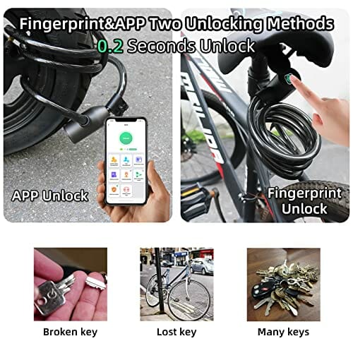 Anweller Zapięcie rowerowe, czytnik linii papilarnych, wodoodporne, przenośne, z uchwytem na zapięcie rowerowe, Smart Lock z 20 odciskami palców, zabezpieczenie przed kradzieżą z drutu stalowego 12 mm (czarne) - obrazek 9