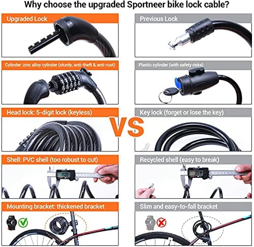 Zamek rowerowy, Sportneer, zamek rowerowy 180 cm/15 mm, zamek łańcuchowy z 5-cyfrowymi kodami, zamek szyfrowy, do roweru rowerowego, motocykla, drzwi, ogrodzenia bramy - obrazek 7