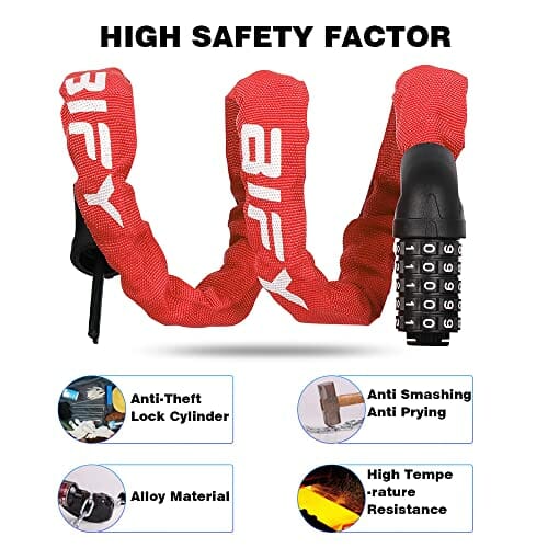 BIFY Zamek rowerowy, 38 mm (szerokość) x 970 mm (długość) 680 g, stalowy łańcuch łańcuchowy, z wysokim stopniem bezpieczeństwa, do rowerów, motocykli, drzwi, bramy (czerwony) - obrazek 6