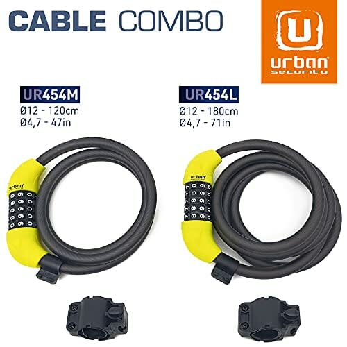 URBAN UR454L Kłódka Rowerowa z kombinacją elastyczny kabel stalowy Ø12 180cm z kodem bezpieczeństwa Anti-Theft rower wytrzymały kompaktowy łatwy transport, Unisex-Adult, czarny - obrazek 2