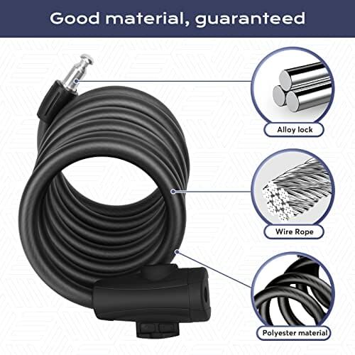 Wonnell Zamek rowerowy, 180 cm/12 mm, spiralny zamek z 2 kluczami, zapięcie rowerowe do dużych obciążeń, bardzo wysoki poziom bezpieczeństwa do roweru, tricycle, skutera, zamka rowerowego - obrazek 6