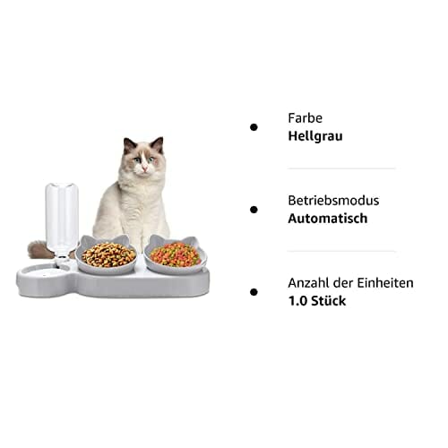 Miska dla kota z dozownikiem wody, zestaw 3 misek na karmę dla kotów i psów, nachylona o 15°, podwójna miska, na mokro i sucho, automatyczna ochrona odcinka szyjnego kręgosłupa - obrazek 2