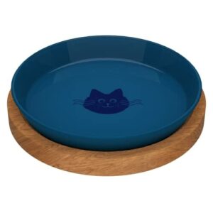 Szklany Talerzyk dla Kota z Drewnianą Podstawką Talerz ze Szkła dla Kotów Podstawka z Drewna Malowany Farbą Organiczną Talerzyk na Karmę i na Wodę Podstawka Grawerowana (Deep Sea Blue)