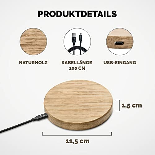 Wood Stories ładowarka indukcyjna Basic Oak 15 W, wysokiej jakości drewno, kompatybilna ze standardem ładowania Qi, AirPods, iPhone, Samsung, Xiaomi, Huawei, Nokia, LG, Motorola, kabel 100 cm - obrazek 7