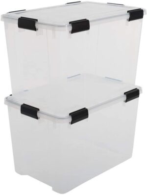 Iris Ohyama, Zestaw 2, Szczelne pudełko do przechowywania, 70 L, z klipsami, możliwość układania w stosy, garaż, piwnica, strych - Air Tight Box AT-LD - Przezroczysty