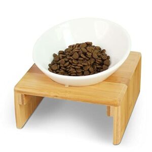 KYONANO Miska dla kotów, ceramiczna miska na karmę dla kotów, miska dla kota podwyższona z bambusową ramą, stacja dokarmiania dla kotów, miska do karmienia dla psów i kotów