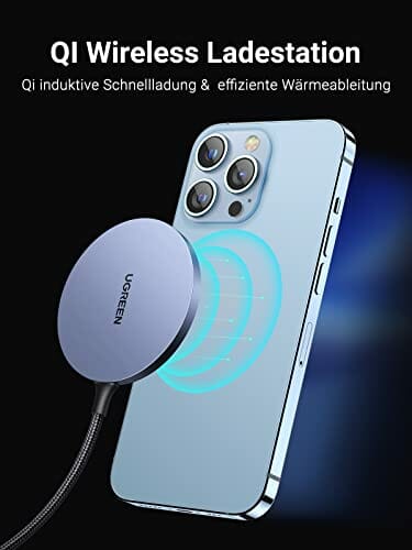 UGREEN 15W Magnetyczna ładowarka Bezprzewodowa ładowarka Qi Indukcyjna stacja ładująca Magnetyczna bezprzewodowa ładowarka Kompatybilna z iPhone 13, 13 Pro, 13 Pro Max, 13 Mini, 12, 12 Pro, 12 Pro Max, 12 Mini itp. - obrazek 7