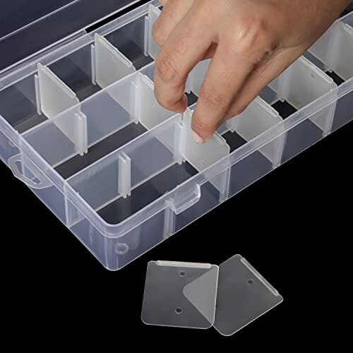 BELLE VOUS Przezroczysty organizer do przechowywania z tworzywa sztucznego (4 sztuki) – duże pojemniki z 18 regulowanymi/zdejmowanymi przegrodami – przegródki na biżuterię, śruby, koraliki i małe przedmioty rzemieślnicze - obrazek 5