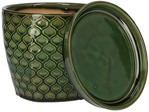 KOTARBAU® Zestaw 2 ceramicznych doniczek na rośliny, średnica: 17 cm, zielona, vintage, z tacką ociekową, wzór rybiej łuski - obrazek 5