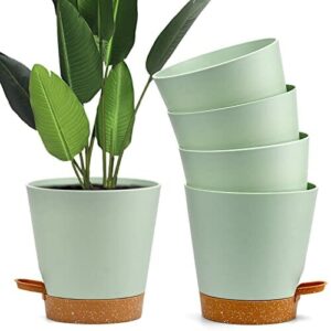 Xiumeso 5 sztuk samonawadniających się doniczek z tworzywa sztucznego, okrągła doniczka do użytku wewnątrz i na zewnątrz, ze zbiornikiem na wodę, podstawką, kwiaty ogrodowe bonsai, zielona, Ø 15,2 x 11 cm