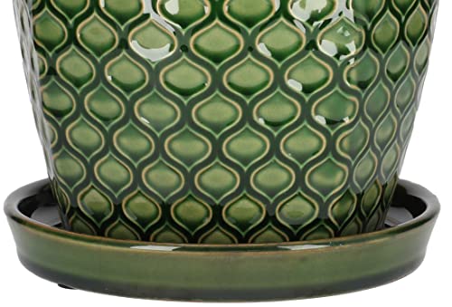 KOTARBAU® Zestaw 2 ceramicznych doniczek na rośliny, średnica: 17 cm, zielona, vintage, z tacką ociekową, wzór rybiej łuski - obrazek 4