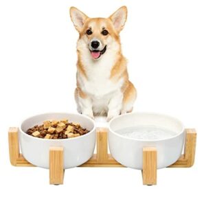 VavoPaw Zestaw ceramicznych misek dla zwierząt domowych, ceramiczne podwójne miski dla zwierząt domowych z grubym drewnianym stojakiem, podwójne miski na karmę i wodę dla psów, kotów, białe