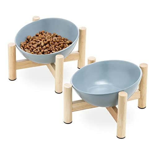 Navaris 2 x miska na karmę dla kota z drewnianym uchwytem – stacja dokarmiania 2 x ceramiczna miska dla kotów i psów – zestaw misków dla psów, z drewnianą podkładką - obrazek 2