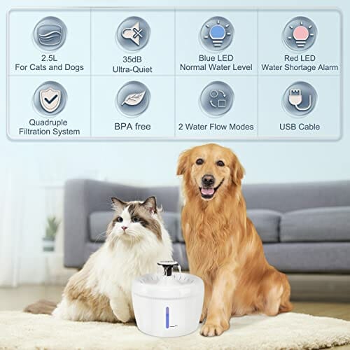 EUGAD fontanna dla kotów, psów, fontanna wodna 2,5 l, z diodą LED, ostrzeżenie o braku wody, czterokrotne filtrowanie, ultralekka, 2 tryby rozpylania wody, wykonana z polipropylenu, biała - obrazek 5
