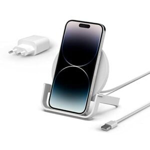 Belkin BoostCharge Bezprzewodowa podstawka ładująca o mocy 10 W (szybka ładowarka bezprzewodowa z certyfikatem Qi do iPhone’a, Samsunga, Pixela i innych urządzeń), biała