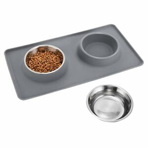 TedGem Miski dla psów miska do karmienia, mata na karmę dla zwierząt domowych, taca na miski dla kota antypoślizgowe do karmienia podwójne miski dla psów kotów podwyższone miski dla kotów szara silikonowa miska dla psa kota