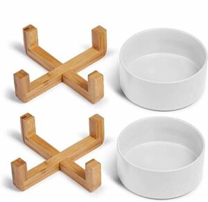 Supremery 2 x miska na karmę dla kota z uchwytem bambusowym – stacja na karmę, 2 x miska ceramiczna dla kotów i psów – zestaw misek do karmy z drewnianym uchwytem