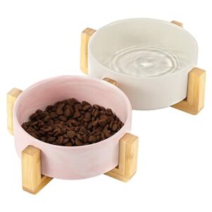 Pawaboo Ceramic Dog and Cat Bowl Set, 2 Elevated Bowls with Wood Stand, No Spill Raised Bowl Pet Food and Water Feeder for Cats Small Dogs, Modern Double Pet Dish, 450ml/15.2 fl oz, White + Pink Ink