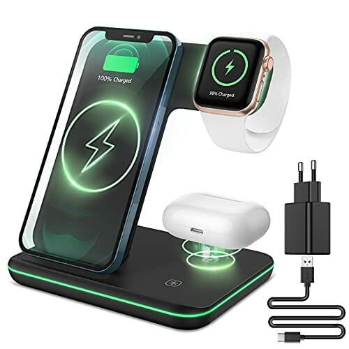 CAVN Bezprzewodowa ładowarka 3 w 1, kompatybilna z iPhone 13, 12, 11 Pro Max/XS/XR/X/8+, iWatch Ultra / 8/7/6/SE/ 5/4/3/2, AirPods Pro/2/3, Galaxy S22 S21/S20/S10+, indukcyjna stacja ładująca