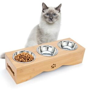 Zestaw 3 misek dla kotów, miska dla kotów, podwyższona, stacja dokarmiania ze stojakiem na miski, miseczki ze stali nierdzewnej na wodę i karmę, możliwość karmienia kotów i szczeniaków