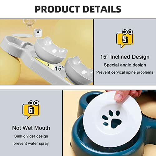 Miska dla kota z dozownikiem wody, zestaw 3 misek na karmę dla kotów i psów, nachylona o 15°, podwójna miska, na mokro i sucho, automatyczna ochrona odcinka szyjnego kręgosłupa - obrazek 4