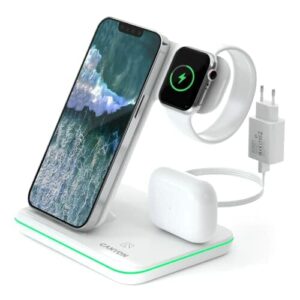 Canyon WCS302W bezprzewodowa stacja ładująca 3 w 1 dla urządzeń Qi, Apple Watch, iPhone, Samsung Galaxy, Note, Airpods - szybka bezprzewodowa ładowarka indukcyjna 21W - biała