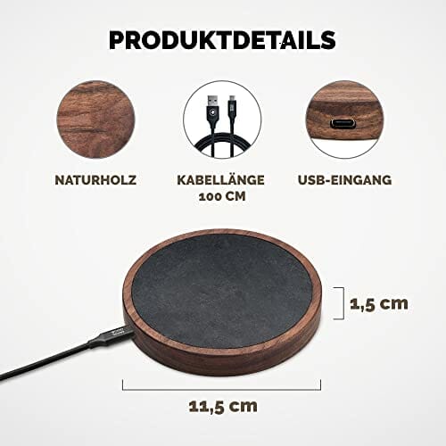 Wood Stories | Ładowarka indukcyjna Stone Nero Orzech 15 W | Naturalny kamień | Wysokiej jakości drewno | Kompatybilna ze standardem ładowania Qi | AirPods, iPhone, Samsung, Xiaomi | Kabel 100 cm - obrazek 8