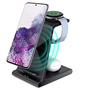 Aukvite Bezprzewodowa ładowarka 3 w 1, szybka bezprzewodowa stacja ładująca do Samsung S21 Ultra/S21/S21+/S10/S9/S8/Galaxy Z składana 3/flip 3 i budki Galaxy Watch stacja ładująca do zegarka Galaxy Watch 4/3/1