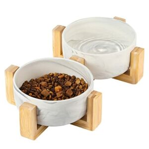 Pawaboo Ceramic Dog and Cat Bowl Set, 2 Elevated Bowls with Wood Stand, No Spill Raised Bowl Pet Food and Water Feeder for Medium/Large Dogs, Modern Double Pet Dish, 850ml/28.7 fl oz, Ink
