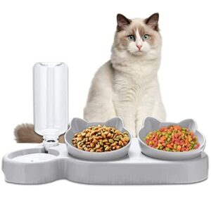 Miska dla kota z dozownikiem wody, zestaw 3 misek na karmę dla kotów i psów, nachylona o 15°, podwójna miska, na mokro i sucho, automatyczna ochrona odcinka szyjnego kręgosłupa