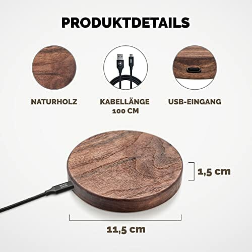 Wood Stories | Ładowarka indukcyjna Basic Wood Orzech amerykański 15 W | Drewno wysokiej jakości | Kompatybilny ze standardem ładowania Qi | AirPods, iPhone, Samsung, Xiaomi | Kabel 100 cm - obrazek 7