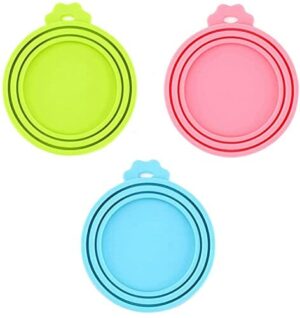 CAM2 Zestaw 3 silikonowych pokrywek na karmę dla zwierząt i kotów, nie zawiera BPA, nadaje się do mycia w zmywarce (różowa, niebieska, zielona)