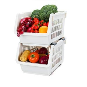 BAFFECT 2-poziomowy kosz stojący, kosze do układania w stos, stojak na warzywa, plastikowy stojak, stojak do przechowywania z kółkami, do łazienki, salonu, kuchni, przechowywania warzyw, owoców, żywności (biały)