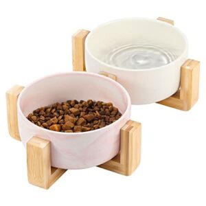 Pawaboo Ceramic Dog and Cat Bowl Set, 2 Elevated Bowls with Wood Stand, No Spill Raised Bowl Pet Food and Water Feeder for Medium/Large Dogs, Modern Double Pet Dish, 850ml/28.7 fl oz, White + Pink Ink