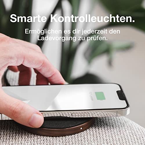 Woodcessories - Szybka ładowarka pojedyncza, indukcyjna stacja ładująca o mocy 15 W – bezprzewodowa ładowarka z drewna ciemno kompatybilna ze wszystkimi urządzeniami końcowymi obsługującymi technologię Qi - obrazek 4