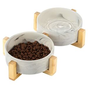 Pawaboo Ceramic Dog and Cat Bowl Set, 2 Elevated Bowls with Wood Stand, No Spill Raised Bowl Pet Food and Water Feeder for Cats Small Dogs, Modern Double Pet Dish, 450ml/15.2 fl oz, Ink