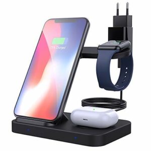 MoKo Bezprzewodowy stojak do ładowarki, stacja dokująca 3 w 1 Qi 10 W z potrójnymi punktami kompatybilny z iPhone 12/12Pro/max/12 Mini/Airpods 2/Pro, Galaxy Buds/20 Plus/S20 (z adapterem QC)